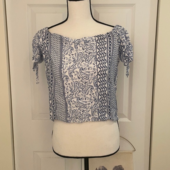 Lulu’s Blue Bandanna Print Off the Shoulder Top - Picture 1 of 8